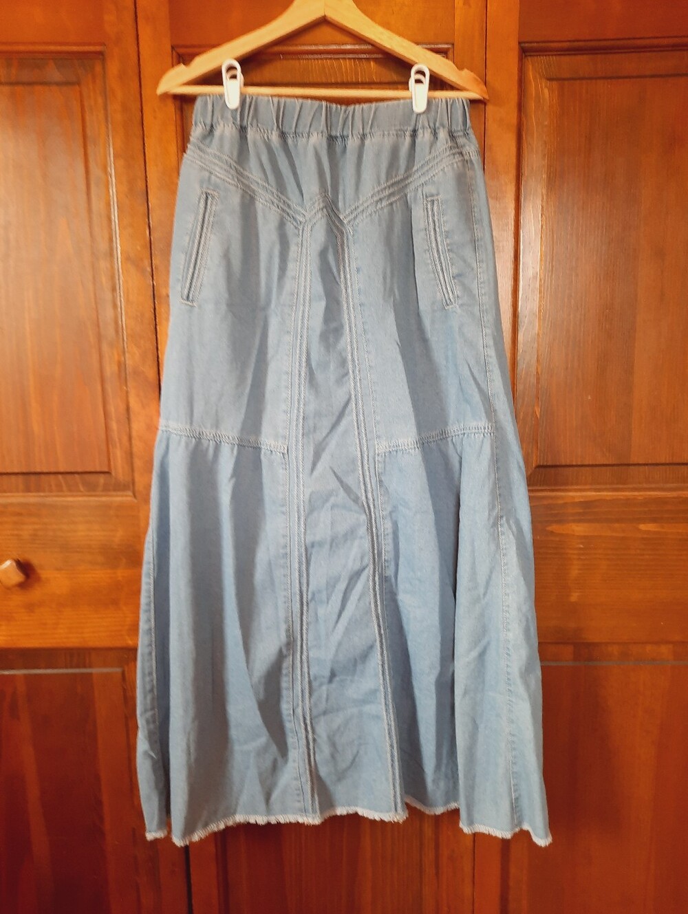 Handmade Denim Chambray Elastic Waist Boho Western Jean Maxi Skirt Size Medium